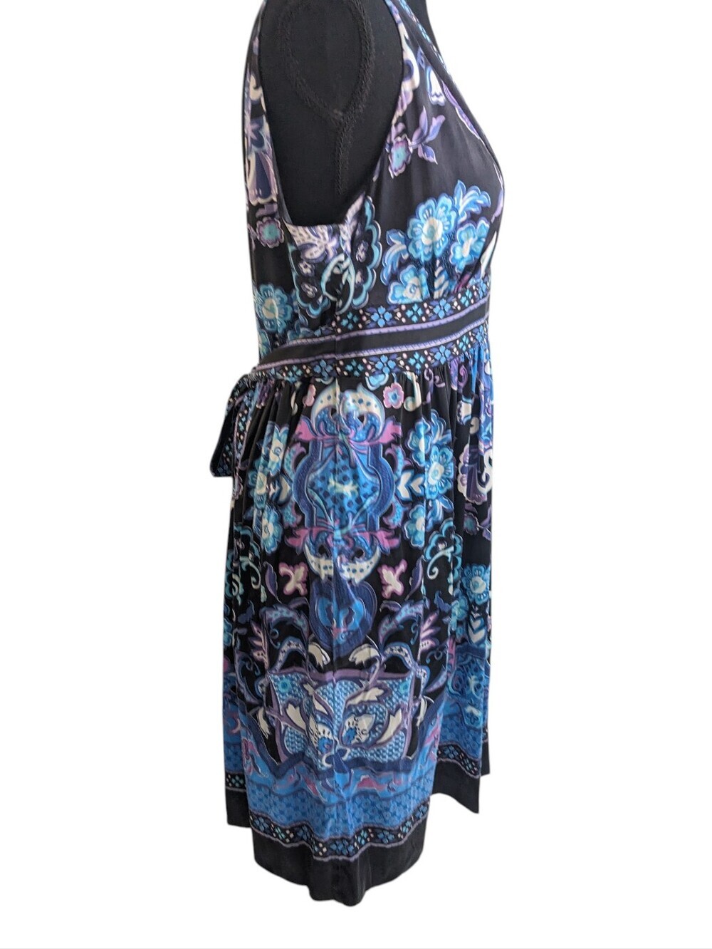 ECI Black V-Neck Midi Dress with Blue & Purple Floral Border Silk Blend Size12 - Picture 3 of 12